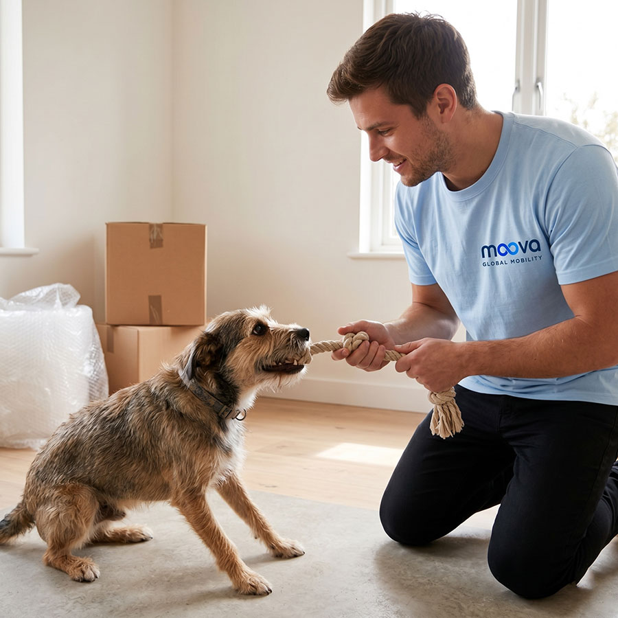 MOOVA mover playing with a dog during a home move