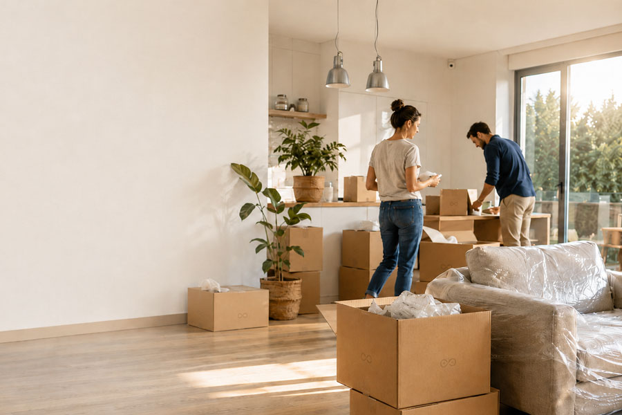 Couple Unpacking After a Move Couple unpacking boxes in a bright new home with protected furniture