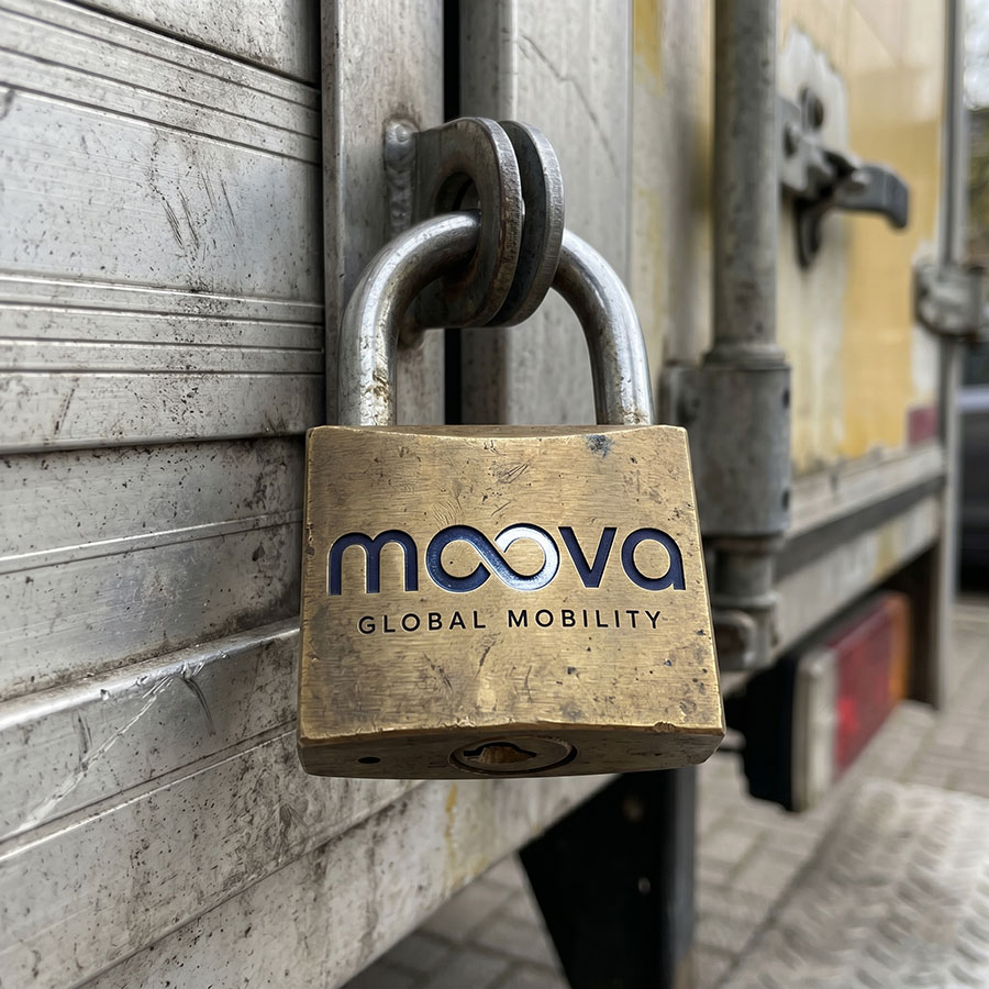 Secure Moving and Storage MOOVA branded padlock securing a truck or storage door