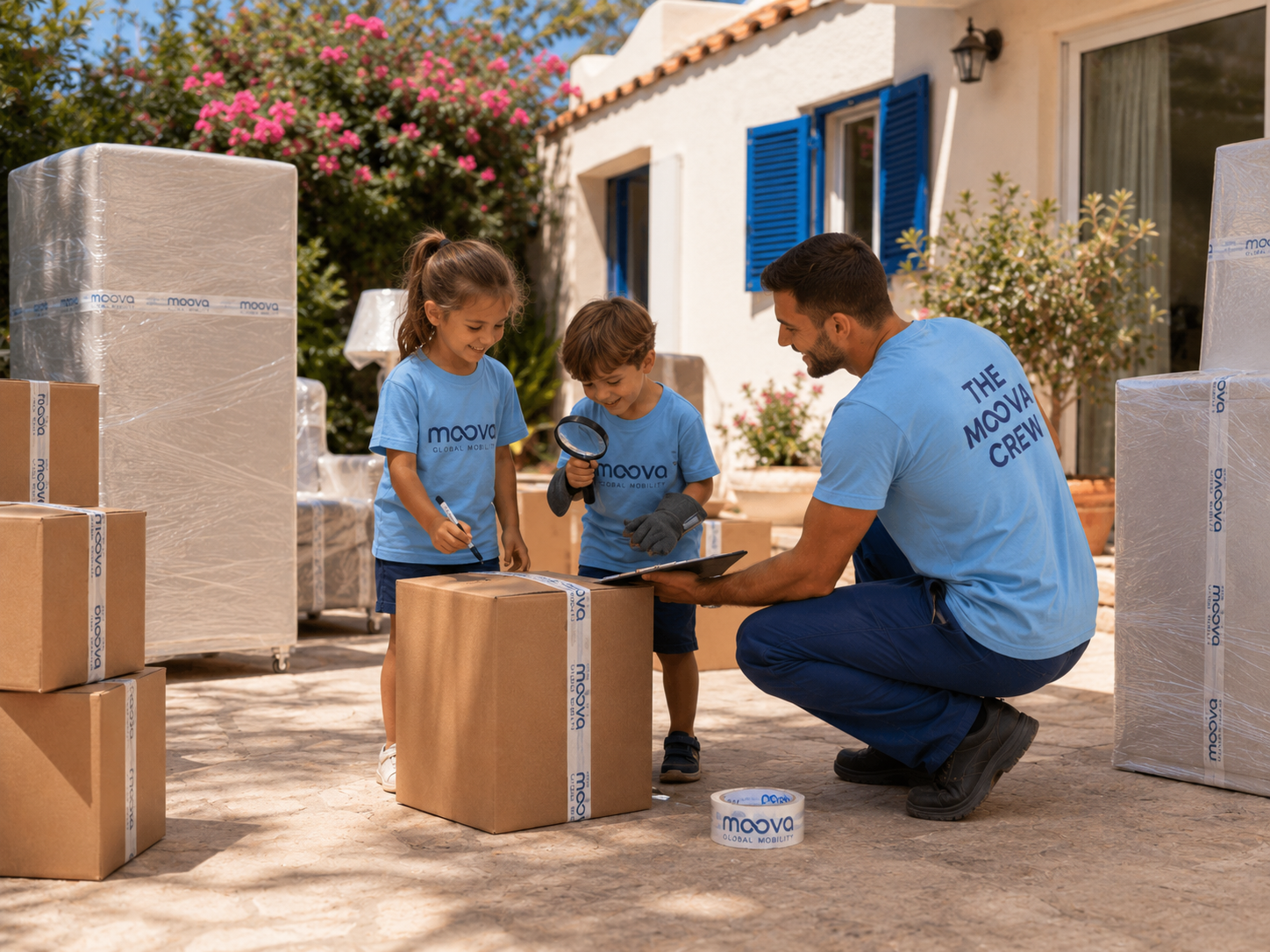 MOOVA Movers playing with moving boxes