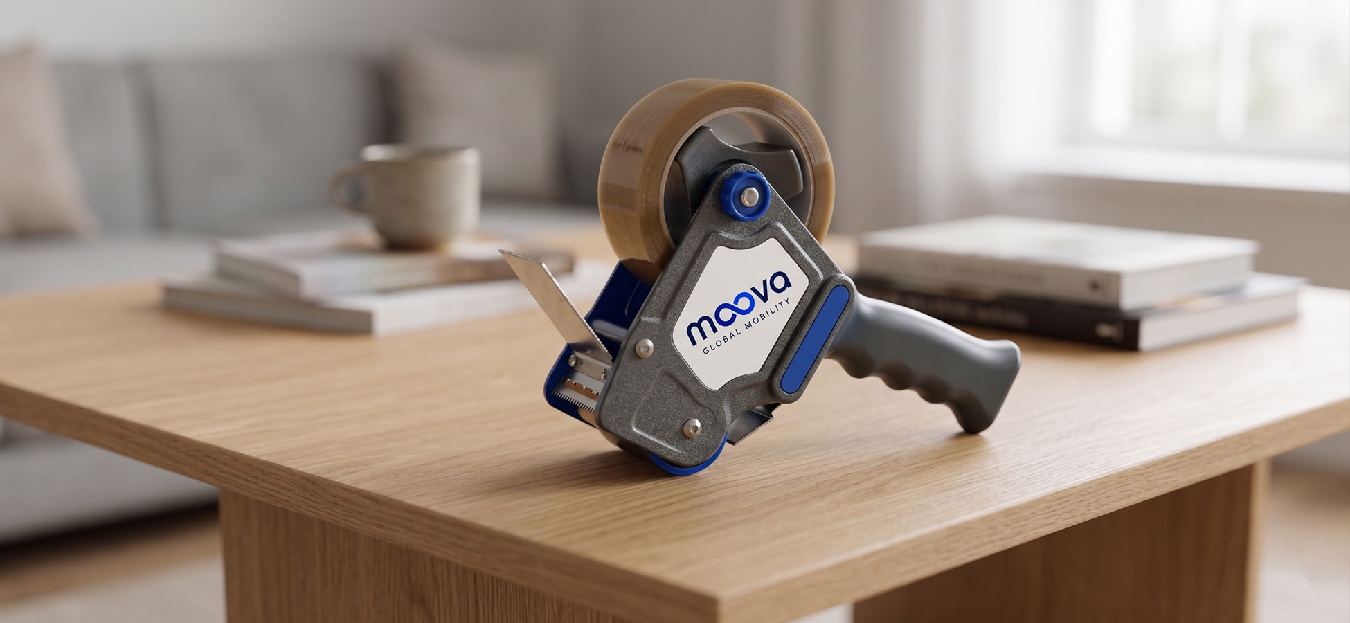 MOOVA branded packing tape dispenser on a table during move preparation