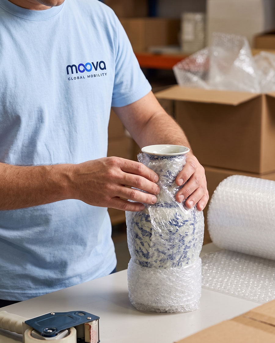 MOOVA mover wrapping a delicate vase with bubble wrap during packing