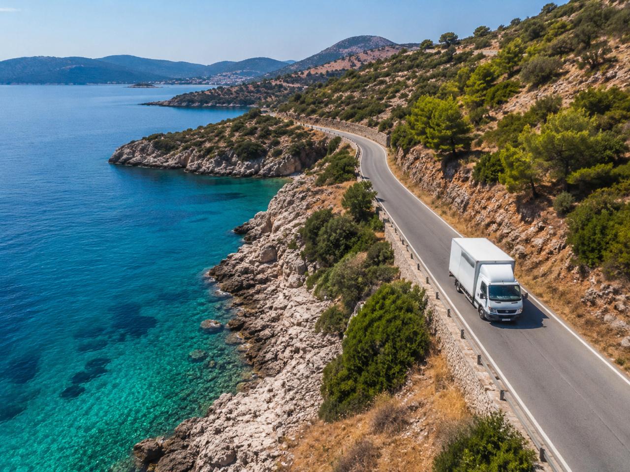 Moving truck driving along a Greek coastal road