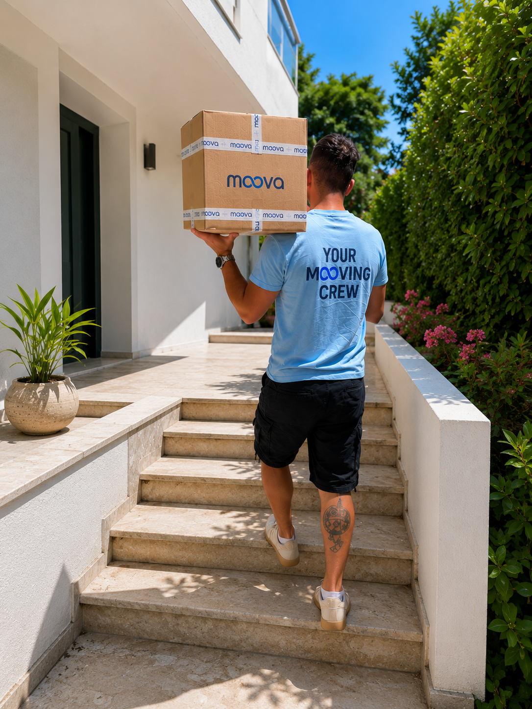 MOOVA Mover Carrying Box Upstairs MOOVA mover carrying a branded moving box up outdoor stairs